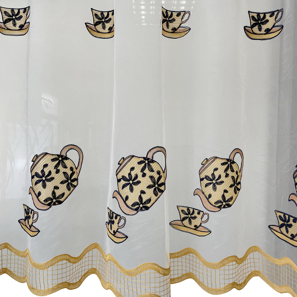 Modern Simplicity Teapot Design Embroidery Mesh Fabric Kitchen Curtain 