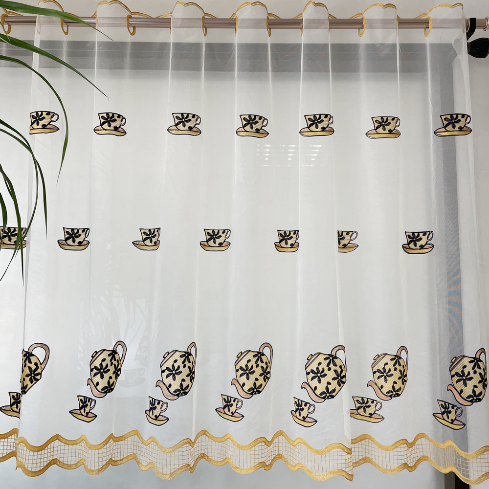 Modern Simplicity Teapot Design Embroidery Mesh Fabric Kitchen Curtain 