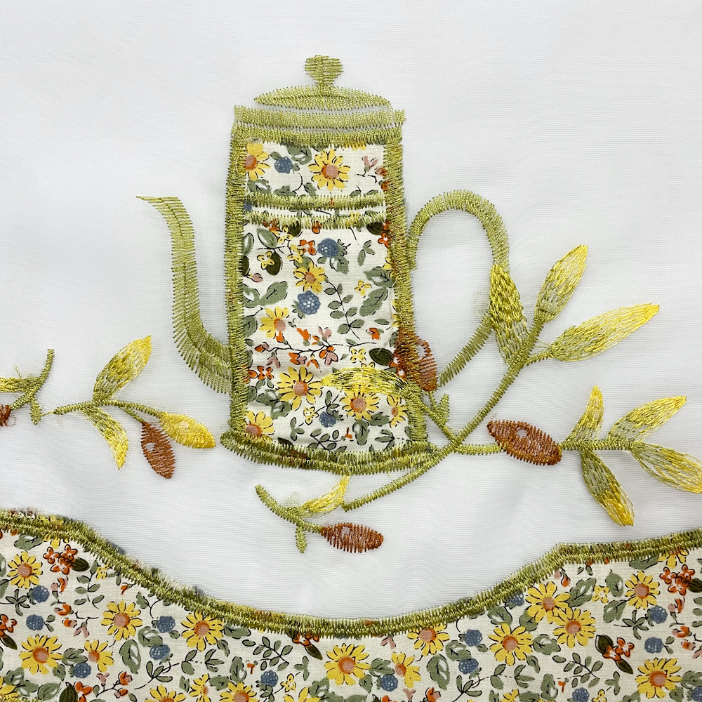 American Style Small Floral Design Kettle Pattern Sheer Embroidery Curtain Fabric 