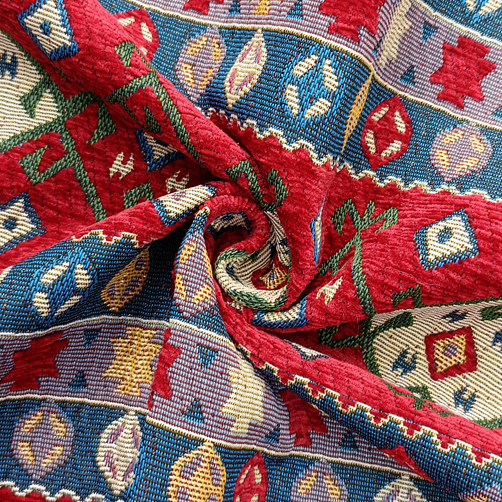 National Style Design Polyester/cotton Fabric Yarn-dyed Woven Jacquard Chenille Upholstery Fabric for Curtain Cushions Sofa Garments