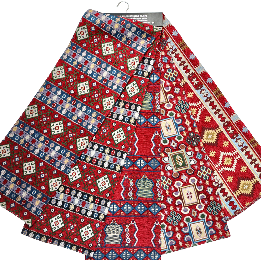 National Style Design Polyester/cotton Fabric Yarn-dyed Woven Jacquard Chenille Upholstery Fabric for Curtain Cushions Sofa Garments